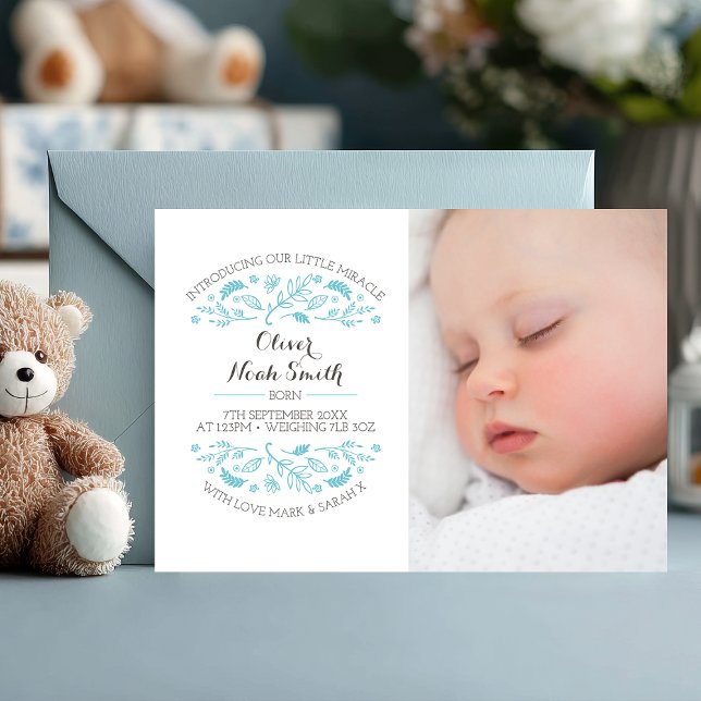 Tarjeta De Agradecimiento Recién nacido niño invitación/carta de agradecimie (Introducing your little miracle 💙 A soft and elegant photo card to announce your baby boy’s arrival)