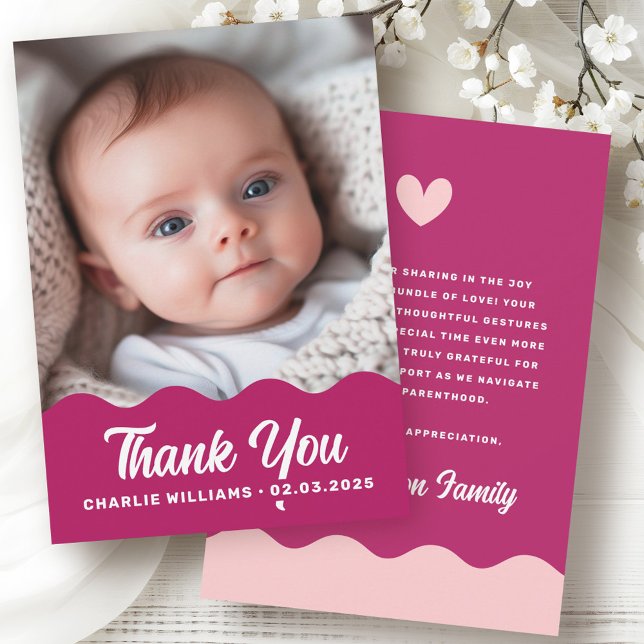 Tarjeta De Agradecimiento Recién nacido rosa negrita de la ola burdeos (Bold burgundy wave photo pink new baby thank you card)