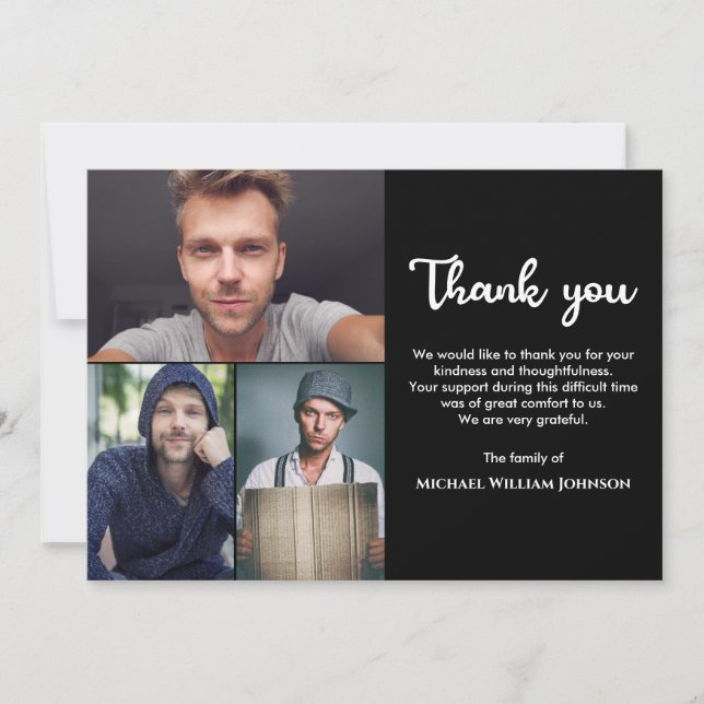 Tarjeta De Agradecimiento Recuerdo Funeral Único de Luto Collage de 3 Fotos (Anverso)