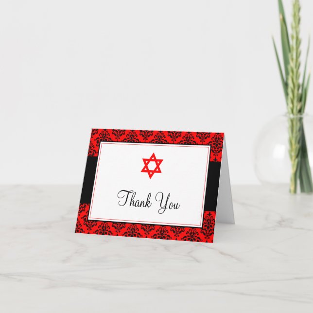 Tarjeta De Agradecimiento Red and Black Damask Star of David Thank You (Anverso)