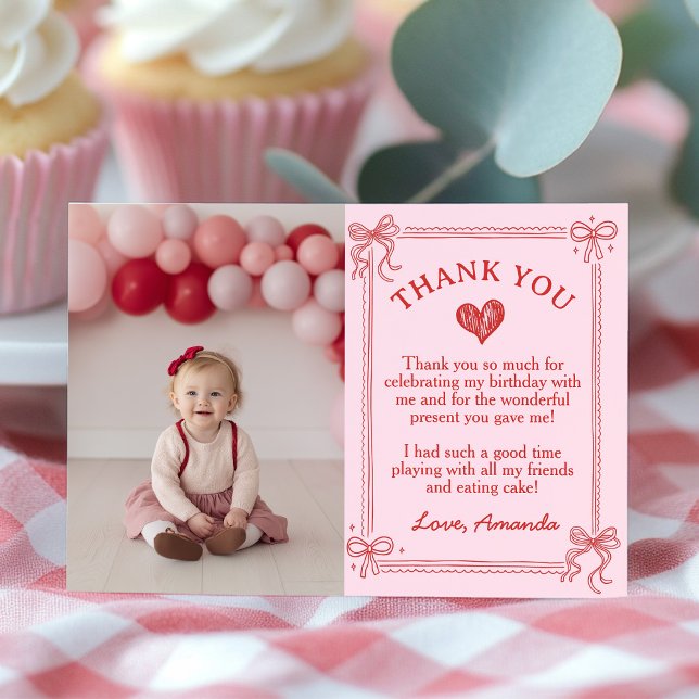Tarjeta De Agradecimiento Red and Pink Bow Cake Birthday Photo (Subido por el creador)