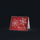 Tarjeta De Agradecimiento Red and Whi Snowflake Wedding Thank You Note Cards<br><div class="desc">Beautiful white snowflake wedding thank you cards with two pretty snowflakes with a leaf and floral design and heart shaped reflections inside the thank you note. This gorgeous jewel toned ruby red garnet hued color background looks like it glows. Perfect for a winter wonderland holiday or Christmas themed wedding. It...</div>