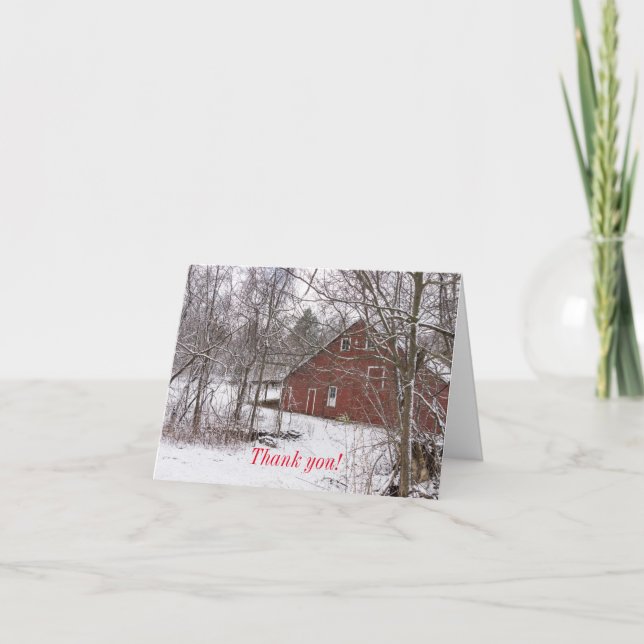 Tarjeta De Agradecimiento Red Barn In The Snow Gracias Card (Anverso)