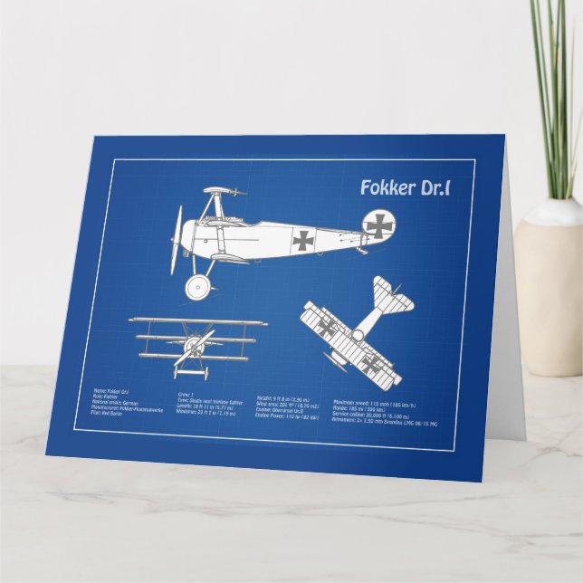 Tarjeta De Agradecimiento Red Baron Fokker Dr. 1 - Airplane Blueprint ABD (Anverso)
