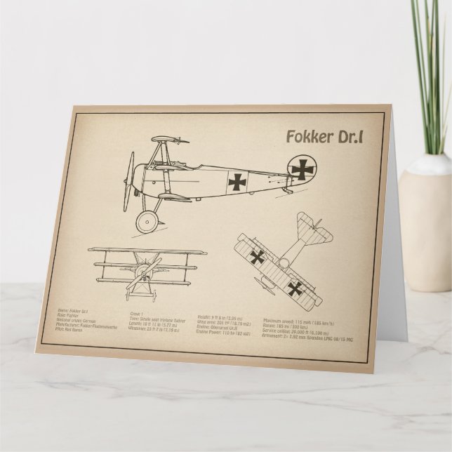 Tarjeta De Agradecimiento Red Baron Fokker Dr. 1 - Airplane Blueprint SD (Anverso)