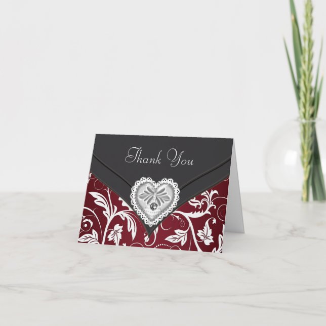 Tarjeta De Agradecimiento Red Black Silver Diamond Heart Gracias Cartas (Anverso)