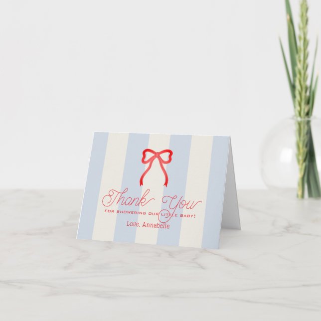 Tarjeta De Agradecimiento Red Bow & Pale Blue Stripes Baby Shower Thank You (Anverso)