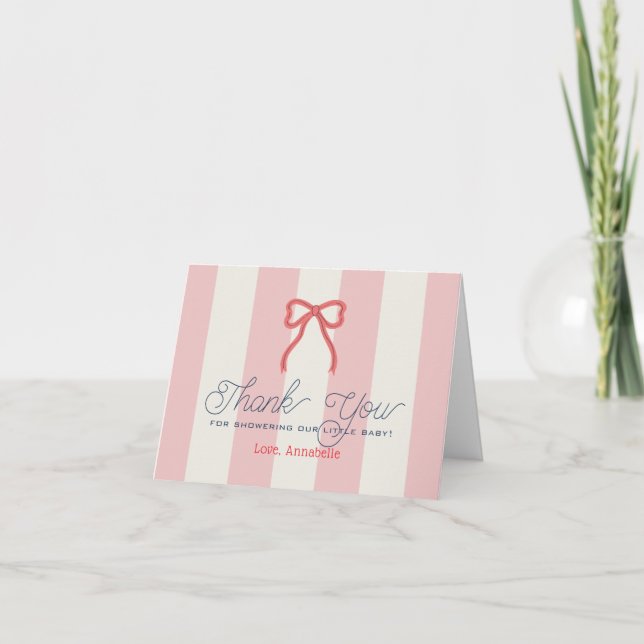 Tarjeta De Agradecimiento Red Bow & Pink Stripes Baby Shower Thank You (Anverso)