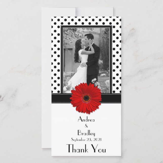 Tarjeta De Agradecimiento Red Daisy Black Polka Boda de foto (Anverso)