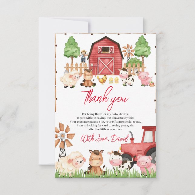 Tarjeta De Agradecimiento Red Farm Animals Baby Shower (Anverso)