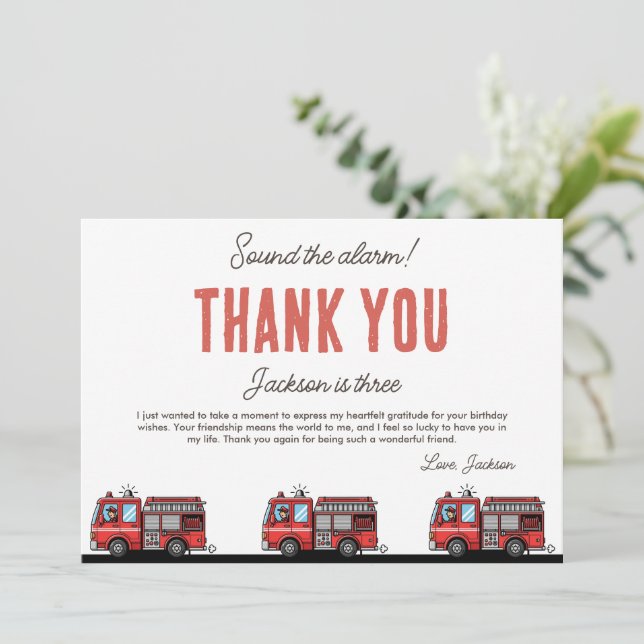 Tarjeta De Agradecimiento Red Fire Truck Party Décor | Custom Kids Birthday (Anverso de pie)