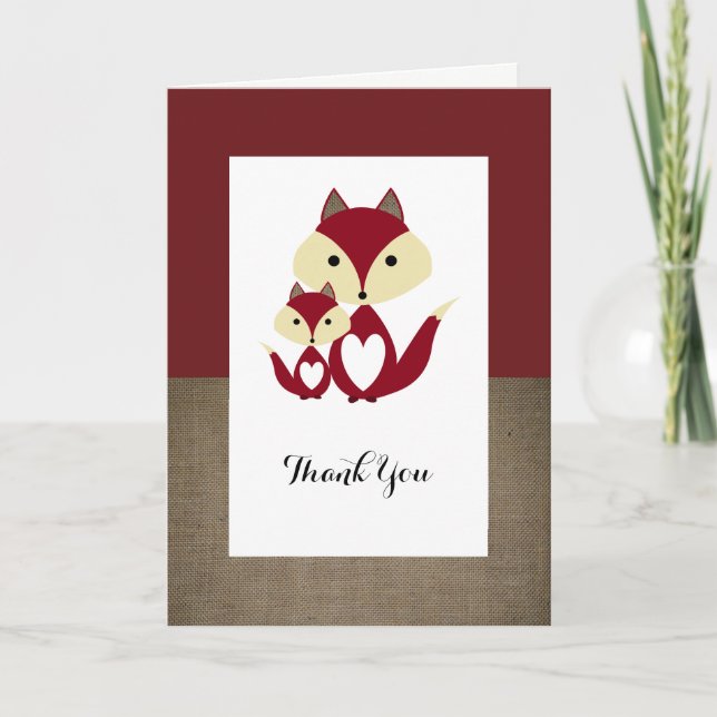 Tarjeta De Agradecimiento Red Fox Burlap Baby Shower Gracias (Anverso)