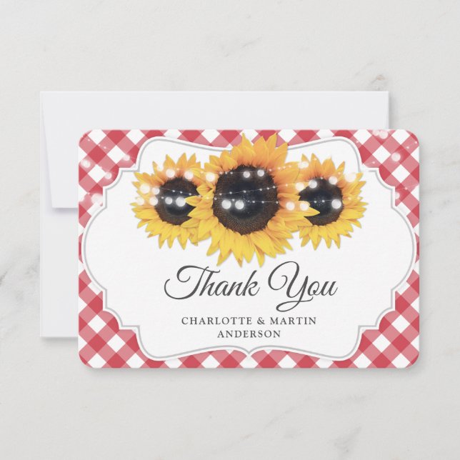 Tarjeta De Agradecimiento Red Gingham Rustic Sunflower Boda (Anverso)