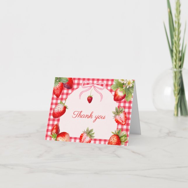 Tarjeta De Agradecimiento Red Gingham Strawberries Baby Shower (Anverso)