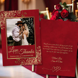 Tarjeta De Agradecimiento Red & Gold Love & Gracias Photo & Note Boda