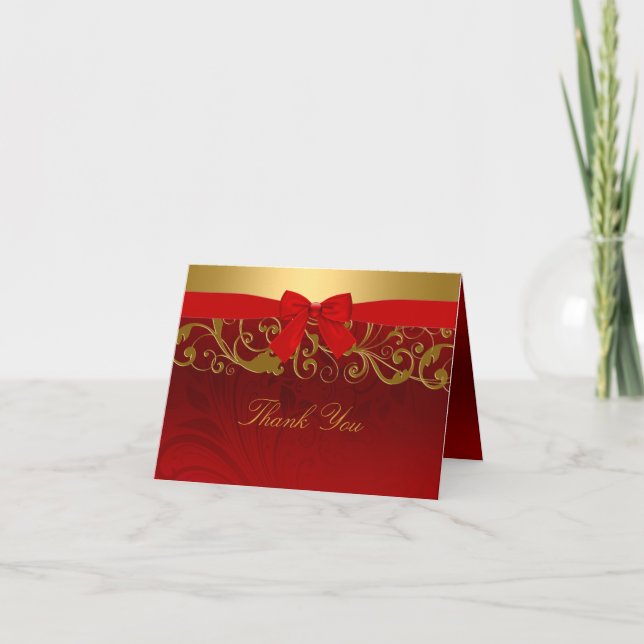 Tarjeta de agradecimiento Red Gold Swirl & Bow (Anverso)