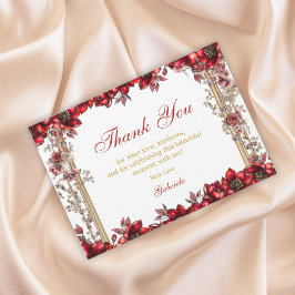 Tarjeta De Agradecimiento Red Golden Tiara Floral Quinceañera