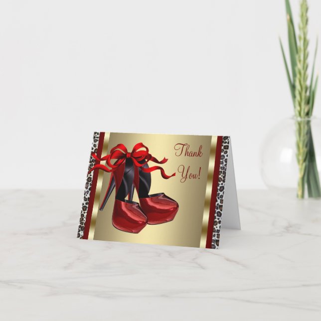 Tarjeta De Agradecimiento Red High Heel Shoes Gold Leopard Gracias Cartas (Anverso)