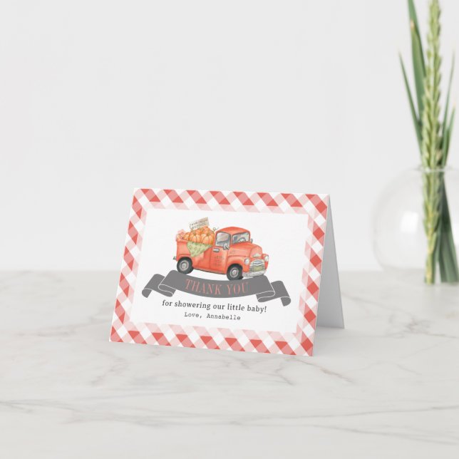 Tarjeta De Agradecimiento Red Pumpkin Truck Gingham Baby Shower (Anverso)