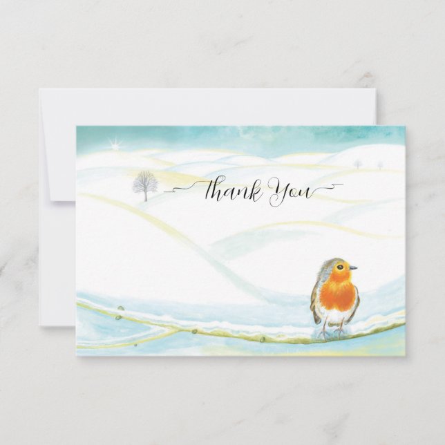 Tarjeta De Agradecimiento Red Robin Bird & Winter Landscape Ilustracion (Anverso)