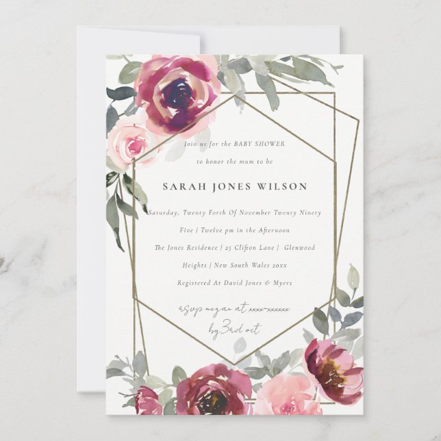 TARJETA DE AGRADECIMIENTO RED RUBOR BURGUNDY ROSA FLORAL BABY SHOWER INVITE (Anverso)