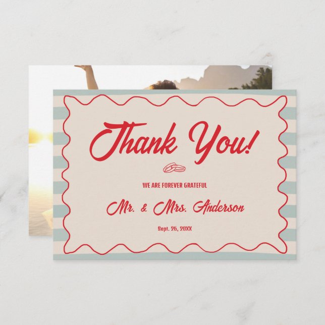 Tarjeta De Agradecimiento Red Script Blue Lines Retro Wedding Photo (Anverso / Reverso)