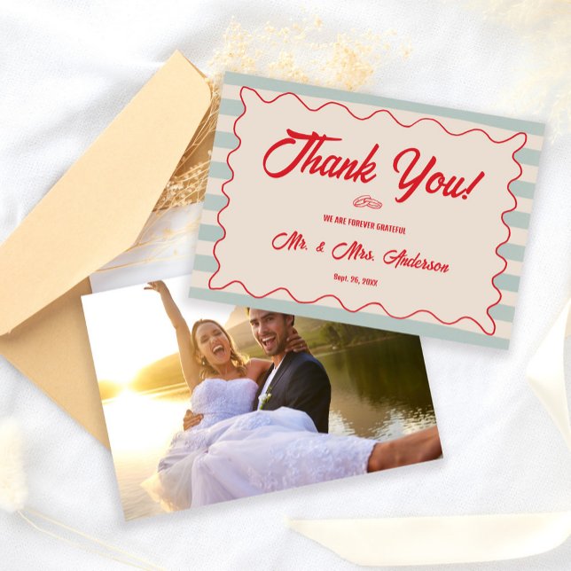 Tarjeta De Agradecimiento Red Script Blue Lines Retro Wedding Photo (Subido por el creador)