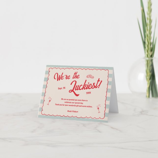 Tarjeta De Agradecimiento Red Script Blue Stripes Retro Wedding (Anverso)
