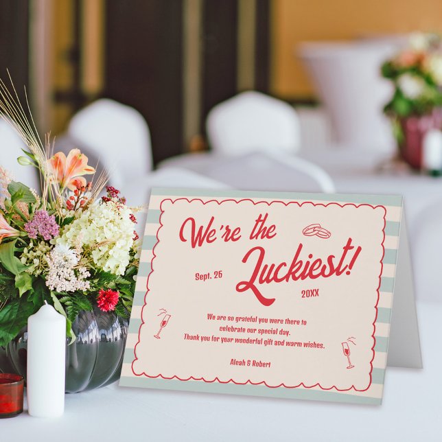Tarjeta De Agradecimiento Red Script Blue Stripes Retro Wedding (Subido por el creador)