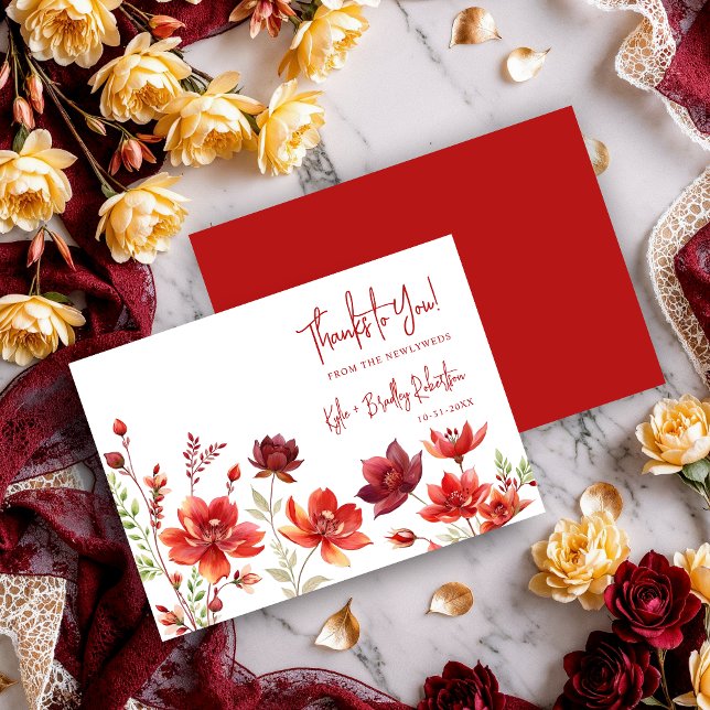 Tarjeta De Agradecimiento Red Shades Romantic Floral Wedding (Red Shades Romantic Spring Floral Wedding Thank You Cards.)