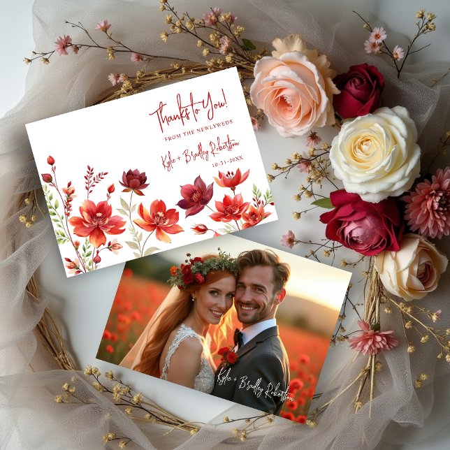 Tarjeta De Agradecimiento Red Shades Romantic Floral Wedding Back Photo (Red Shades Romantic Spring Floral Wedding Thank You Cards with Back Photo.)