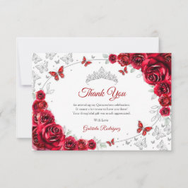 Tarjeta De Agradecimiento Red Silver Floral Quinceanera
