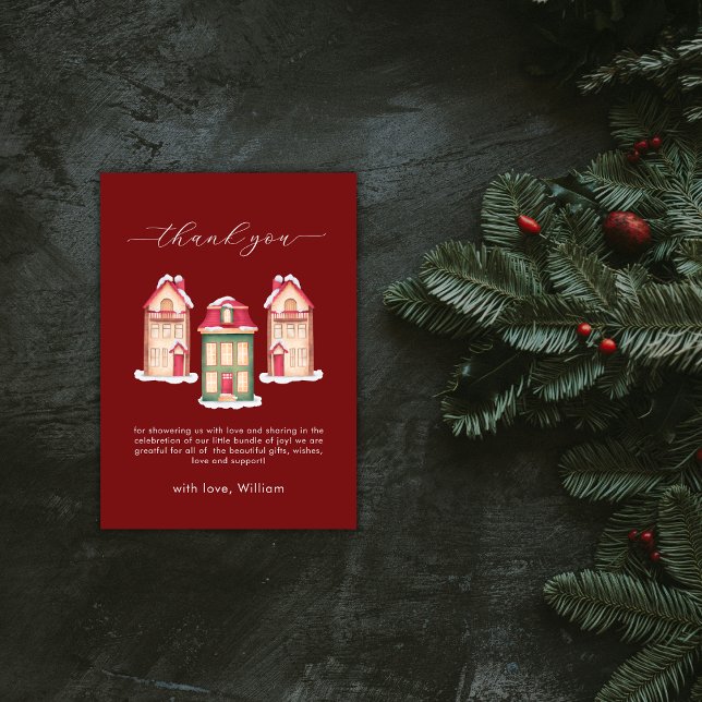 Tarjeta De Agradecimiento Red Snow Gingerbread Village Baby Shower  (Red Snow Gingerbread Village Baby Shower Thank You Card)
