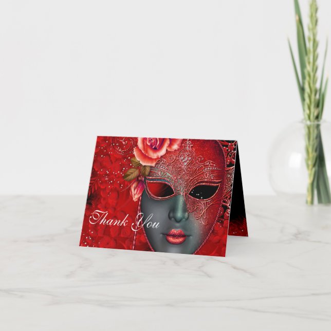 Tarjeta De Agradecimiento Red Sparkle Mask Masquerade Thank You Card (Anverso)