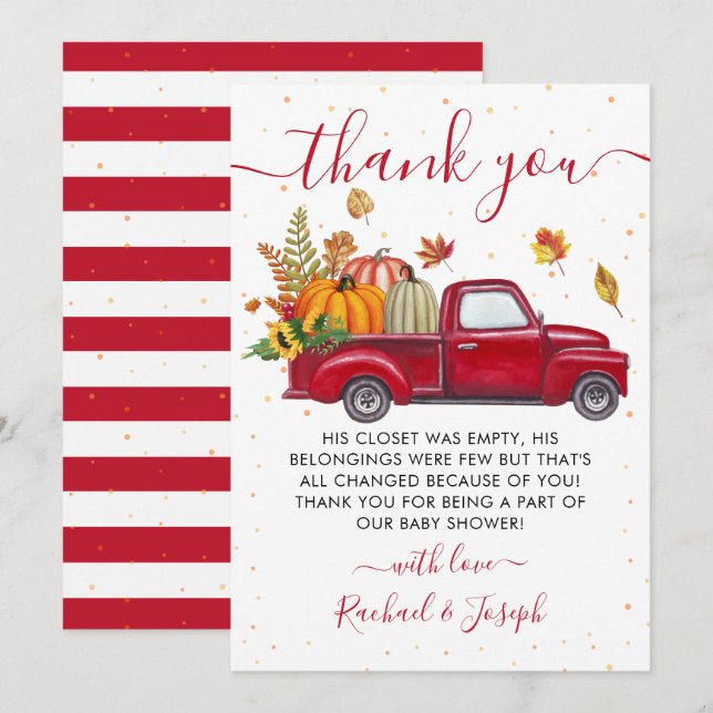 Tarjeta De Agradecimiento Red Truck Autumn Pumpkin Fall Baby Shower (Anverso / Reverso)