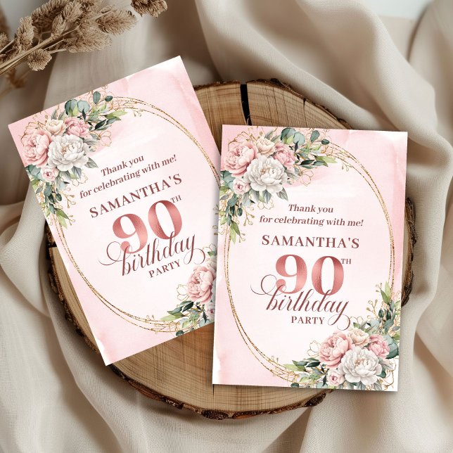 Tarjeta De Agradecimiento Refined Dusty Pink Gold Greenery 90th Birthday   (Refined Dusty Pink Gold Greenery 90th Birthday Thank You)