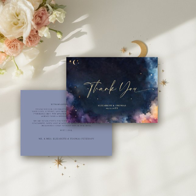 Tarjeta De Agradecimiento Regalo Celestial Estrellas Azul Medianoche Galaxia (celestial thank you card watercolor starry night sky galaxy universe navy blue gold)
