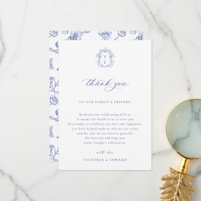 Tarjeta De Agradecimiento Regency Blue Escudo Wedding Table (Anverso/Reverso In Situ)