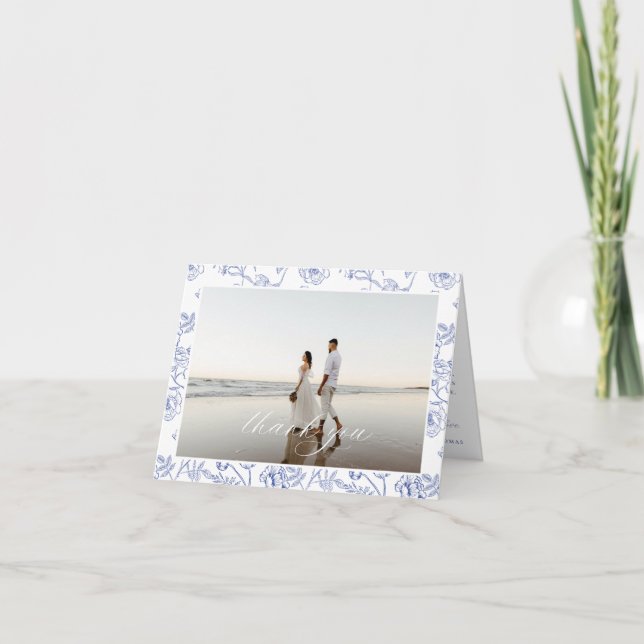Tarjeta De Agradecimiento Regency Blue Floral Boda Foto (Anverso)