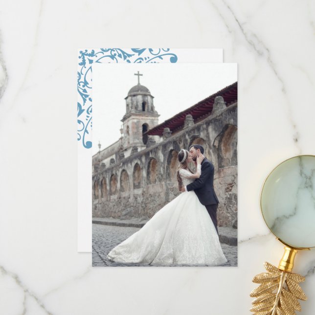 Tarjeta De Agradecimiento Regency French Blue Fleur de Lis Boda Photo (Anverso/Reverso In Situ)