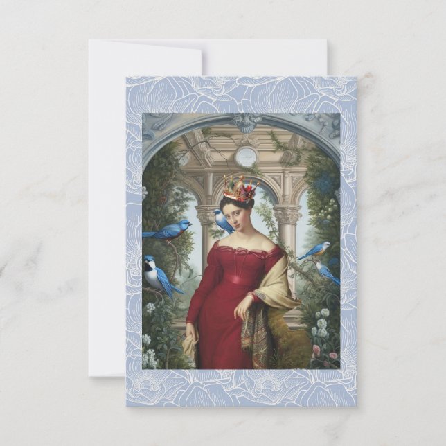 Tarjeta De Agradecimiento Reina de rojo con pájaros azules (Anverso)