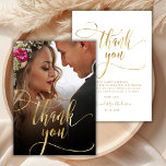 Tarjeta De Agradecimiento Relieve metalizado dorado de moda Script Boda de f<br><div class="desc">Moderno Guión De Caligrafía De Oro De La Moda Boho Un Boda De Fotos Tarjeta De Gracias. Elegante boda de agradecimiento plantilla que incluye una foto vertical completa en la parte delantera con el texto "Gracias" en una tipografía con letras a mano agitada y caprichosa cruz guión de letra de...</div>