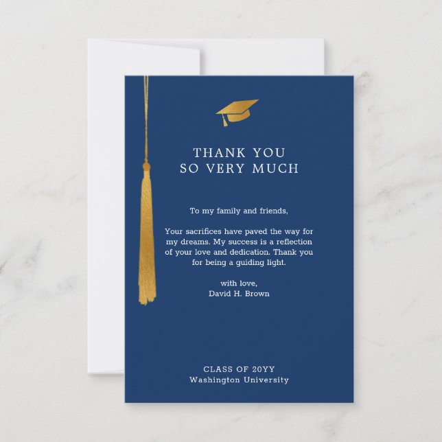 Tarjeta De Agradecimiento Relieve metalizado dorado Tassel Graduación formal (Anverso)
