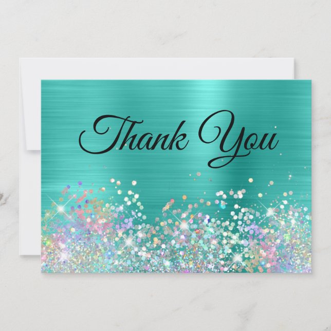 Tarjeta De Agradecimiento Relieve metalizado Girly Holo Purpurina Turquoise (Anverso)