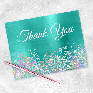 Tarjeta De Agradecimiento Relieve metalizado turquesa Girly Holo Purpurina