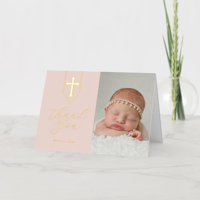 Tarjeta de agradecimiento religiosa con foto rosa  (Anverso)