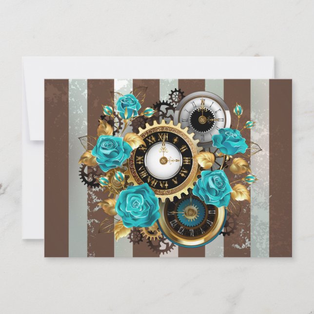 Tarjeta De Agradecimiento Reloj de vapor y Rosas turquesa a rayas (Anverso)