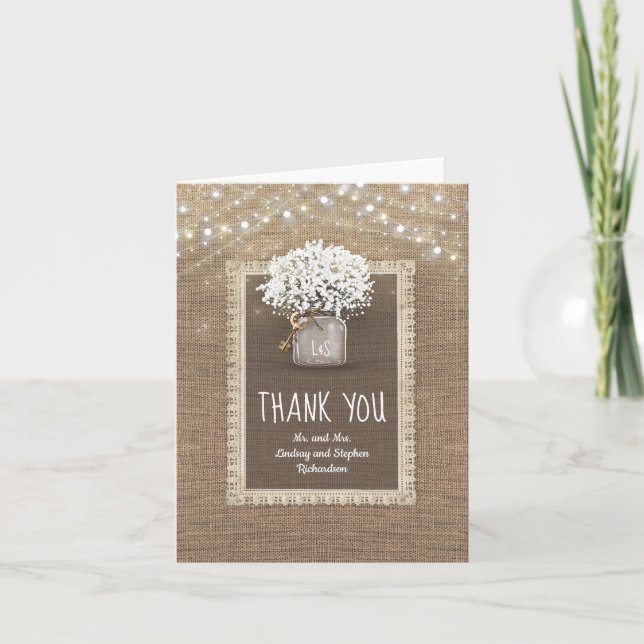 Tarjeta De Agradecimiento Respiración del bebé Mason Jar Rustic Burlap Graci (Anverso)