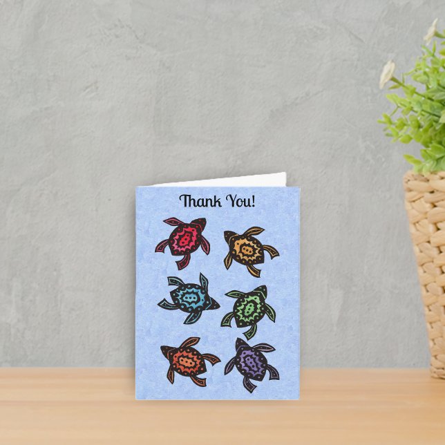 Tarjeta De Agradecimiento Resumen de tortugas negras de grupo oculta muchos  (Bunch of black turtles with abstract shells in various colours on mottle blue Thank You Card.)
