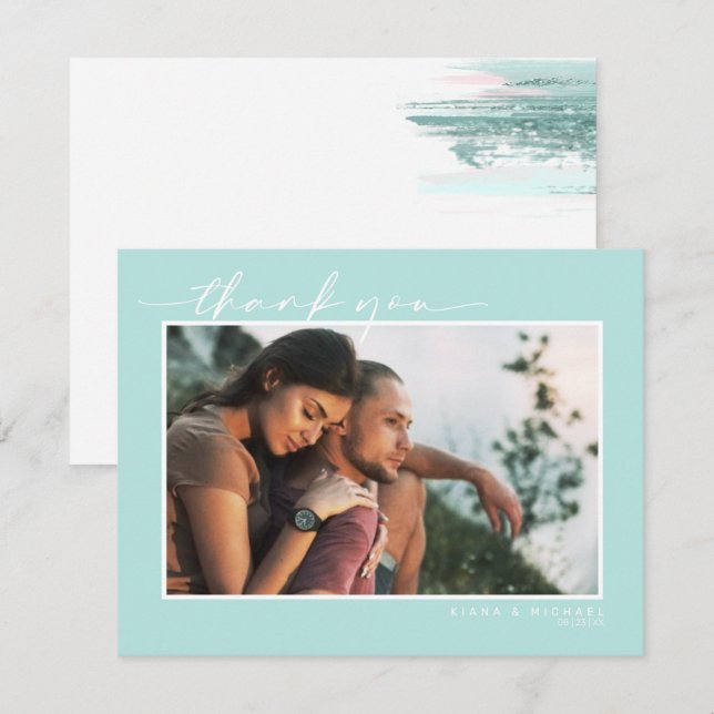 Tarjeta De Agradecimiento Resumen Paint Stroke Boda Gracias ID886 Verde azul (Anverso / Reverso)